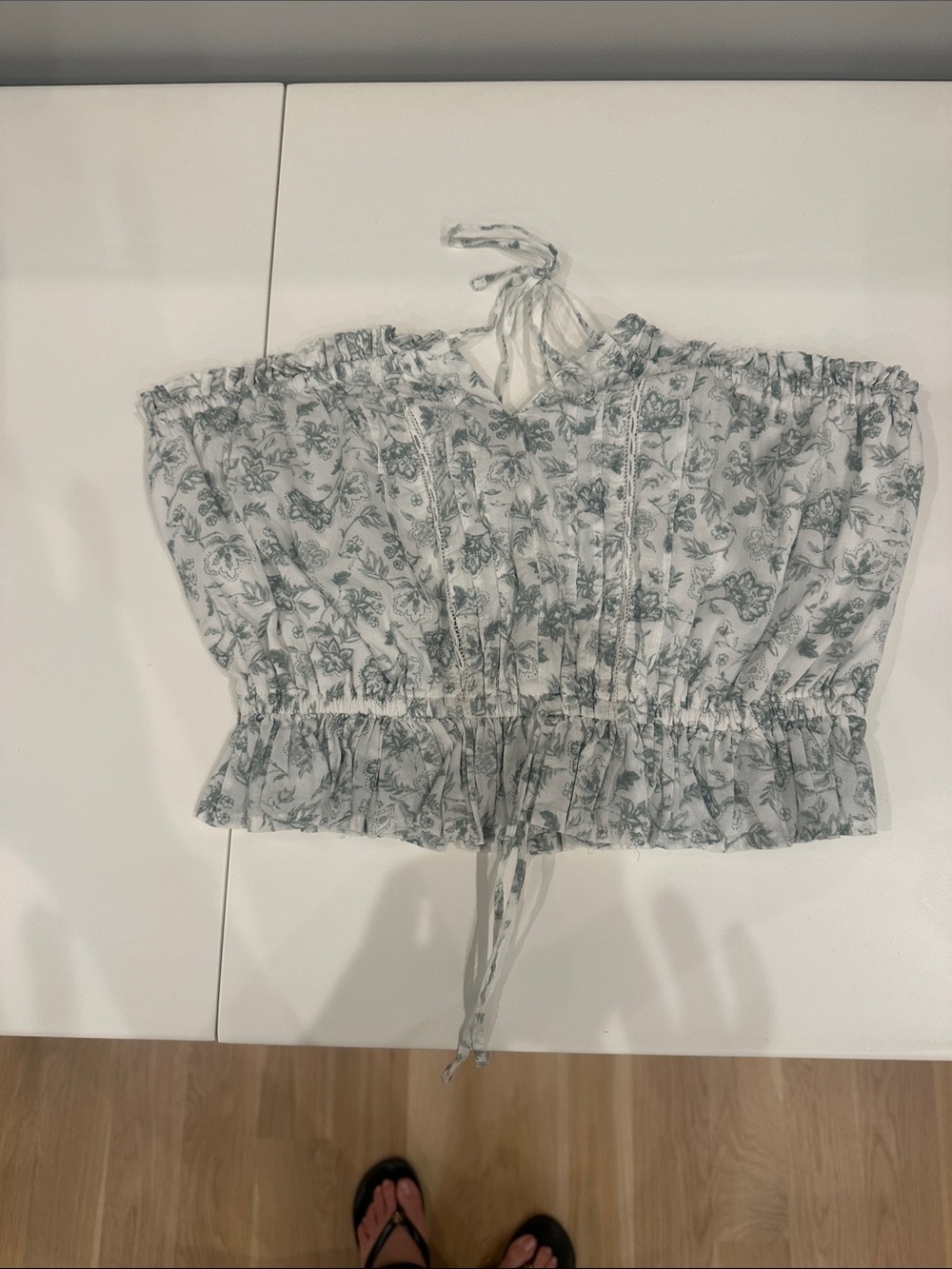 Hollister White Top with Sage Floral Print Halter Ruffle Cami